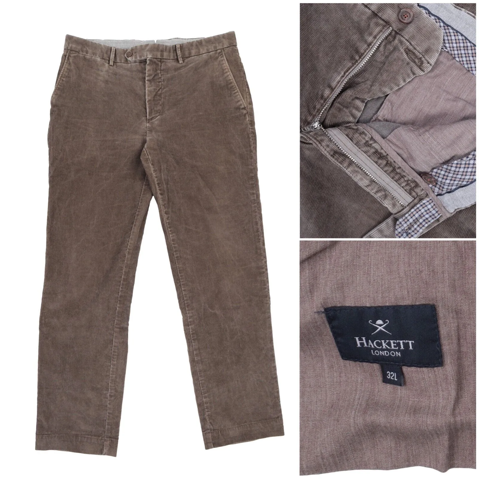Men's HACKETT LONDON Ashby Brown Corduroy Cotton Chino Pants Trousers Size 32 L