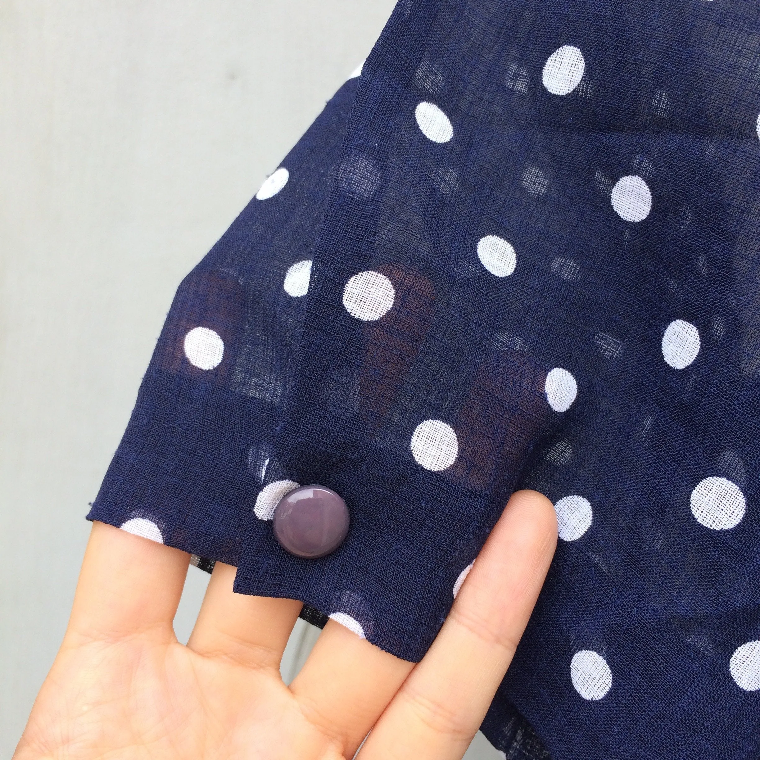 Timeless Two-step | Vintage 1940s 1950s Navy blue and white polka dot Day Dress with Cute sleeves & buttons