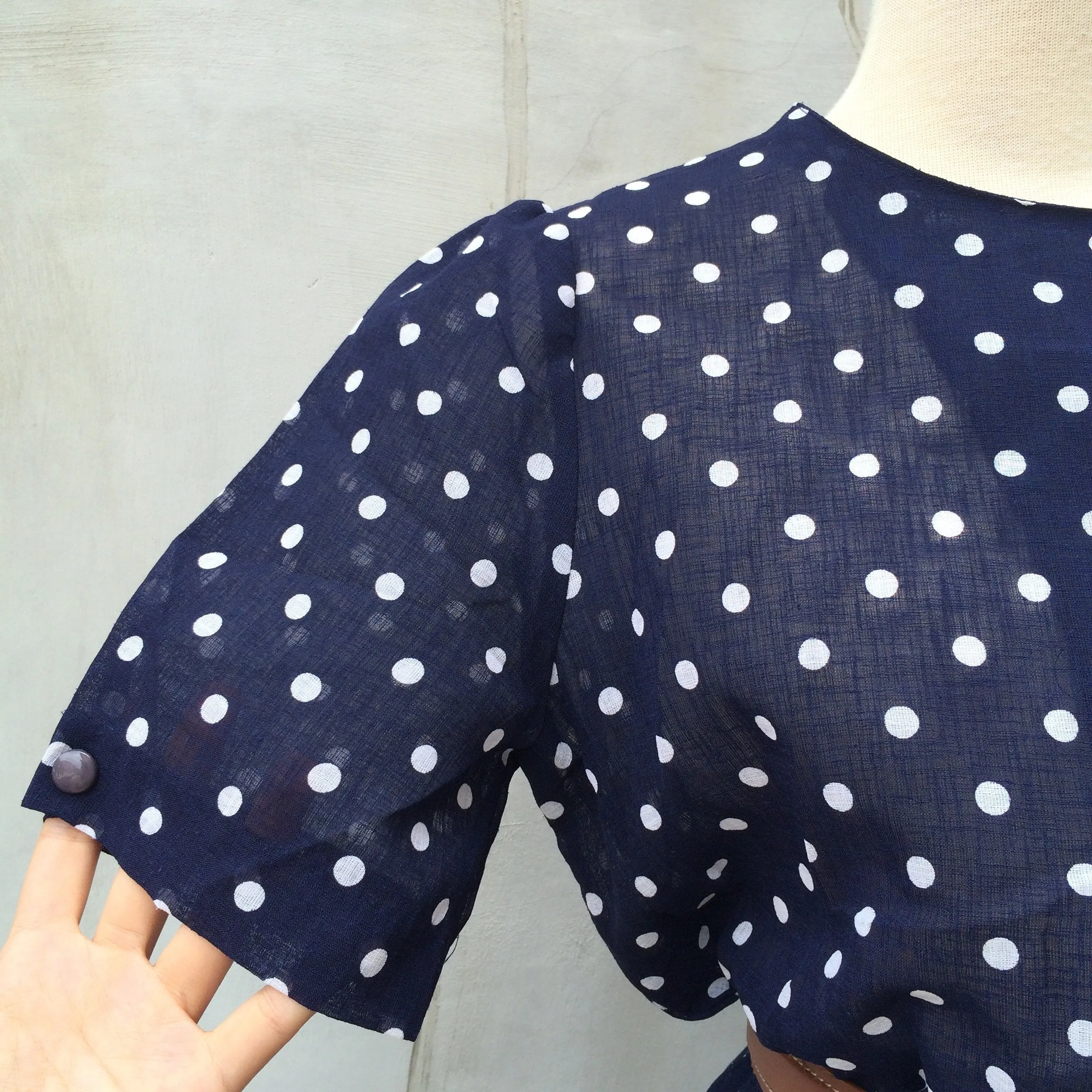 Timeless Two-step | Vintage 1940s 1950s Navy blue and white polka dot Day Dress with Cute sleeves & buttons