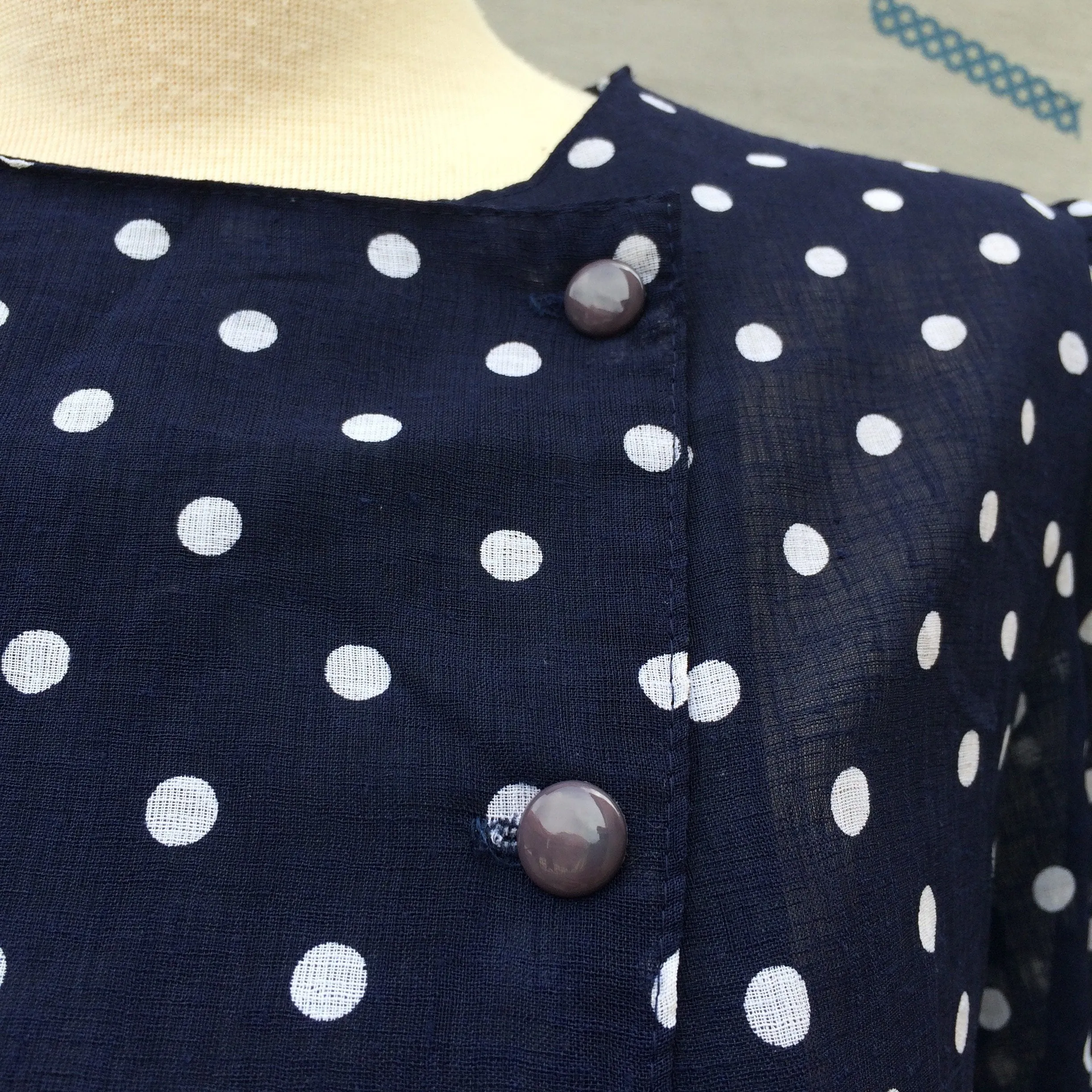 Timeless Two-step | Vintage 1940s 1950s Navy blue and white polka dot Day Dress with Cute sleeves & buttons
