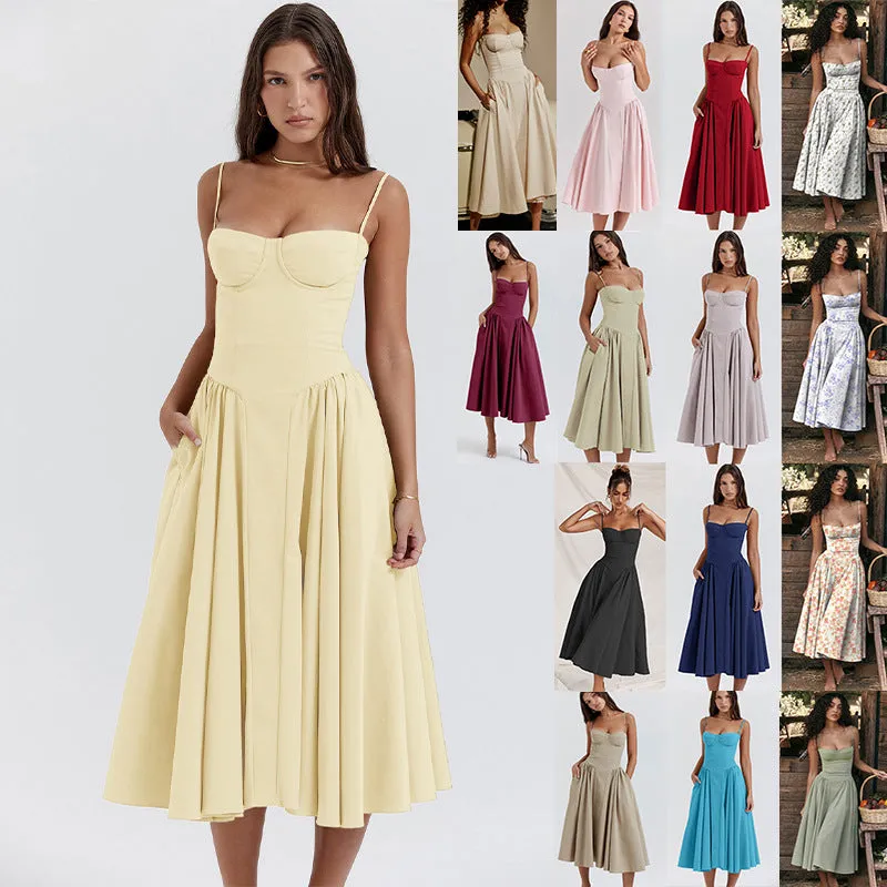 Women’s Large Party Swing Dress with Fitted Bodice and Spaghetti Straps in 14 Colors S-XL