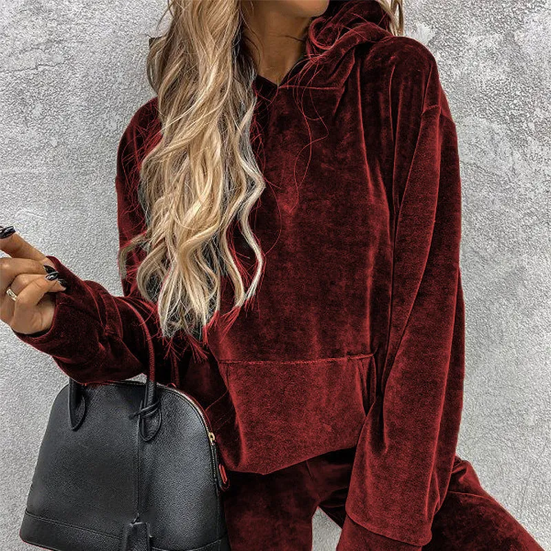 Women's Velvet Pants Set with Matching Hooded Pullover Top