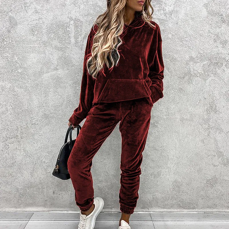Women's Velvet Pants Set with Matching Hooded Pullover Top