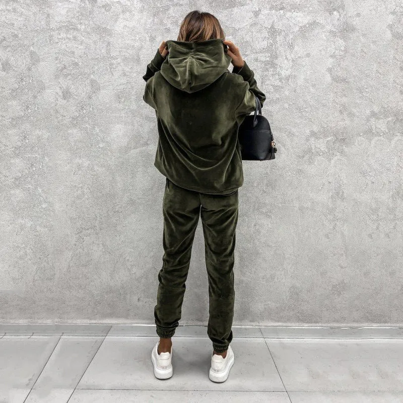 Women's Velvet Pants Set with Matching Hooded Pullover Top