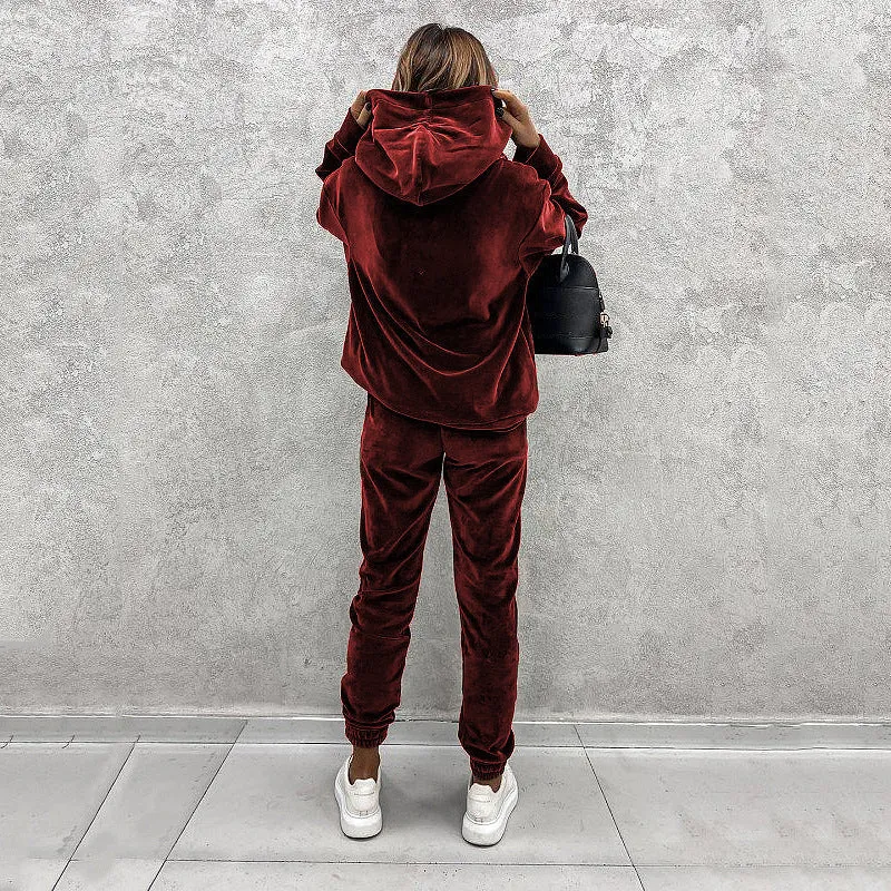 Women's Velvet Pants Set with Matching Hooded Pullover Top