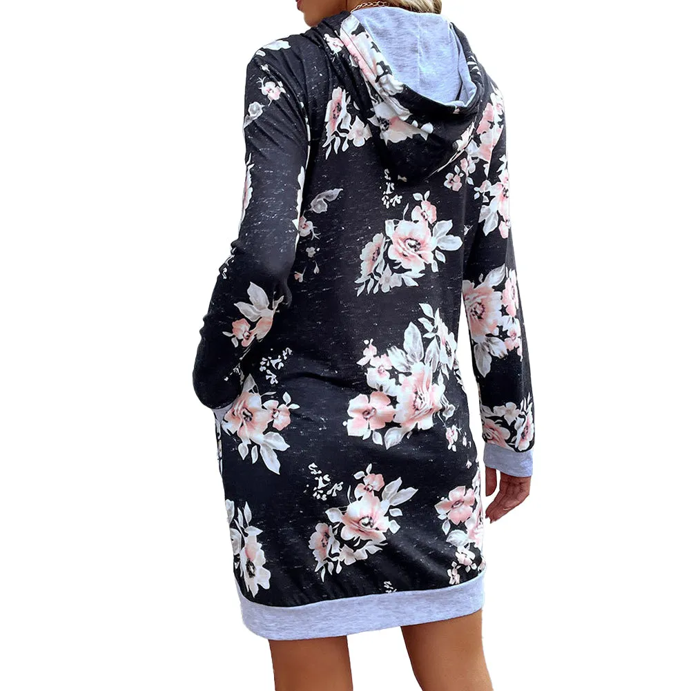 YESFASHION Loose Printed Long-sleeved Hooded Sweater Dress